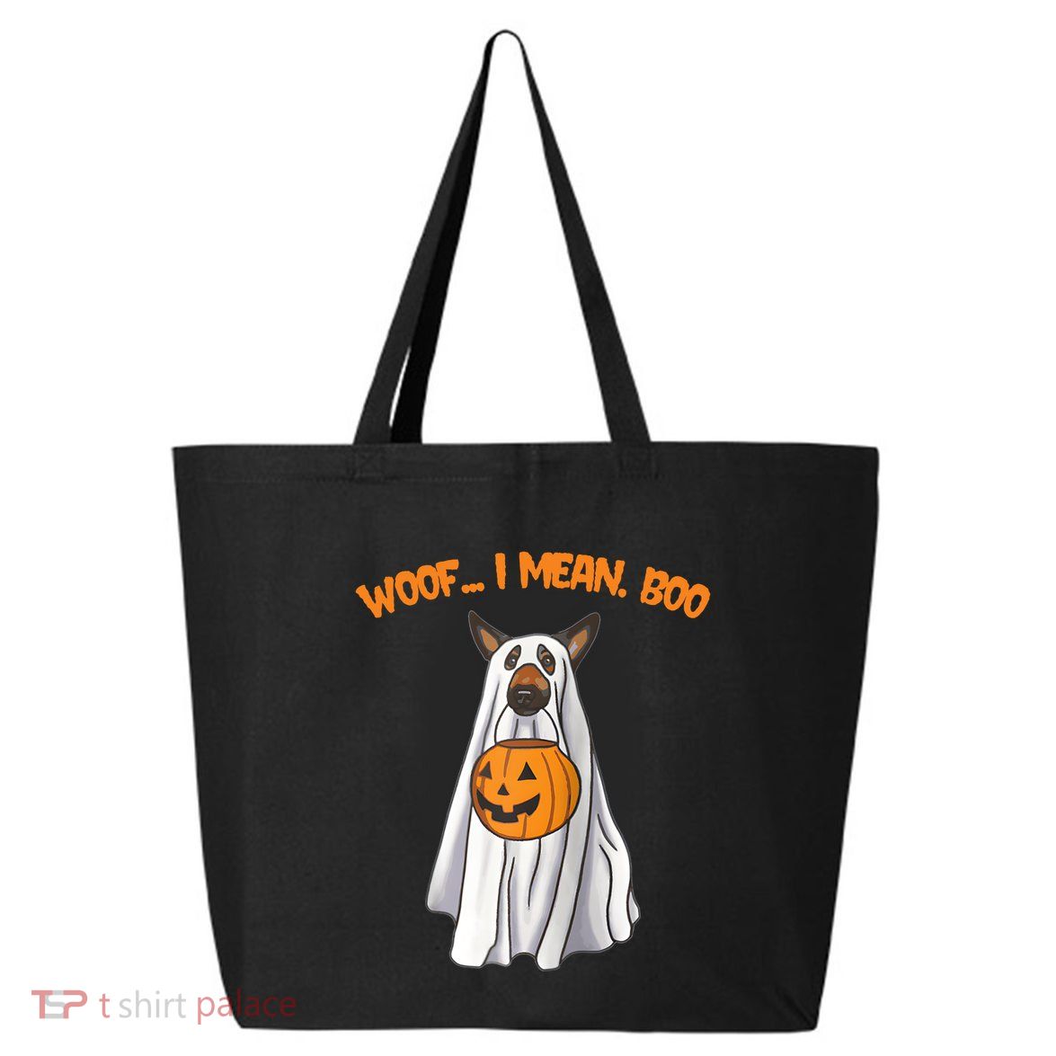Woof I Mean Boo German Shepherd Dog Ghost Funny Halloween Raglan Baseball Tee 25L Jumbo Tote