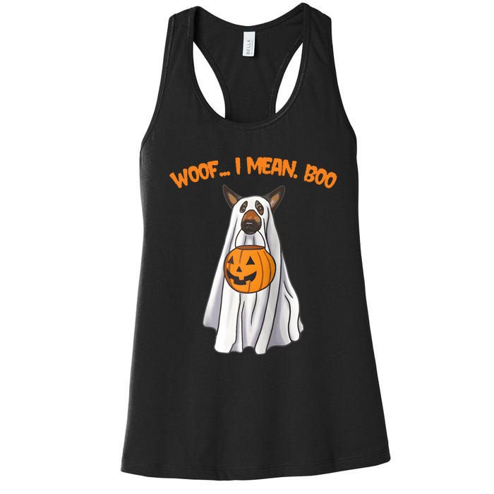 Woof I Mean Boo German Shepherd Dog Ghost Funny Halloween Raglan Baseball Tee Women's Racerback Tank