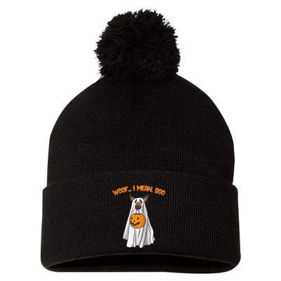 Woof I Mean Boo German Shepherd Dog Ghost Funny Halloween Raglan Baseball Tee Pom Pom 12in Knit Beanie