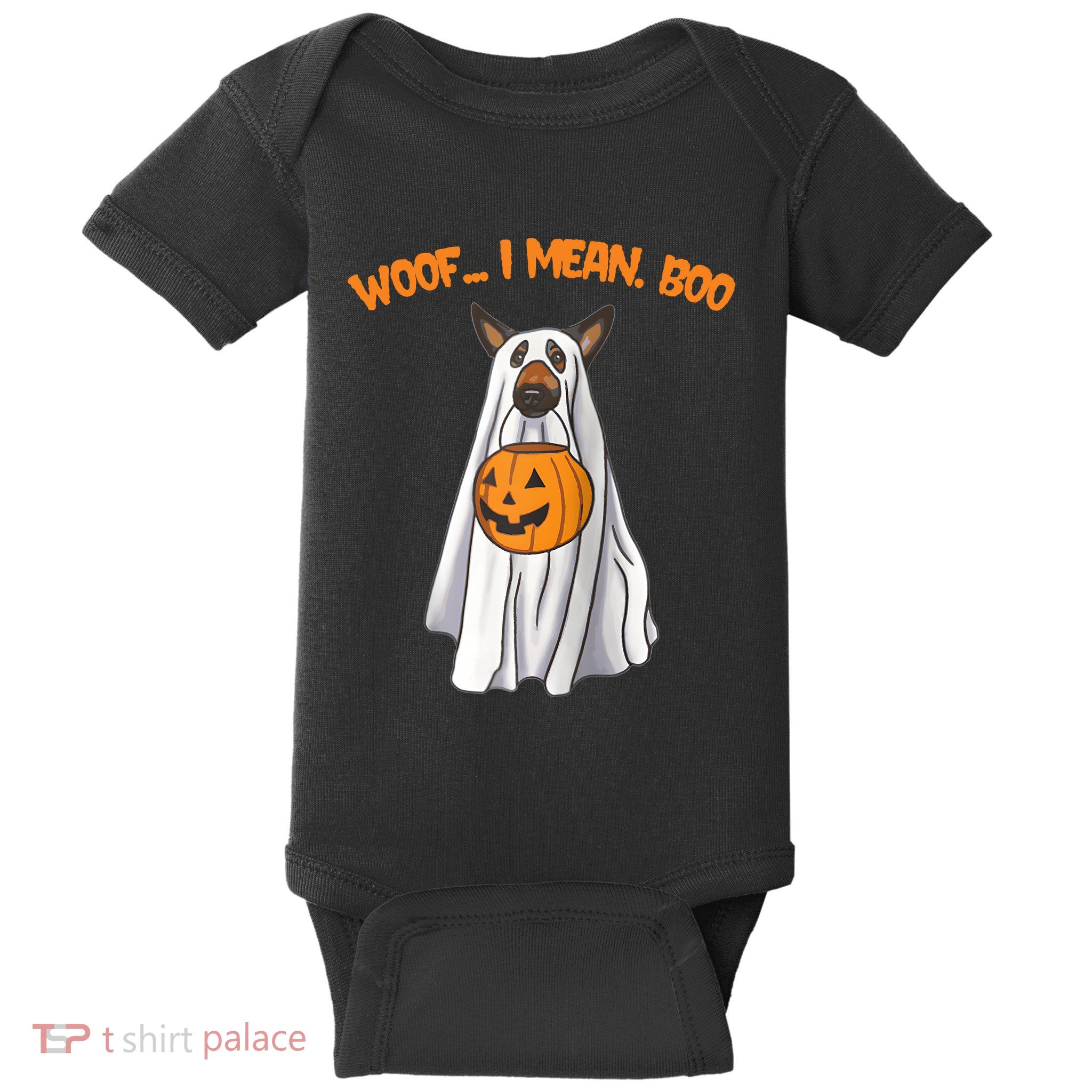 Woof I Mean Boo German Shepherd Dog Ghost Funny Halloween Raglan Baseball Tee Baby Bodysuit
