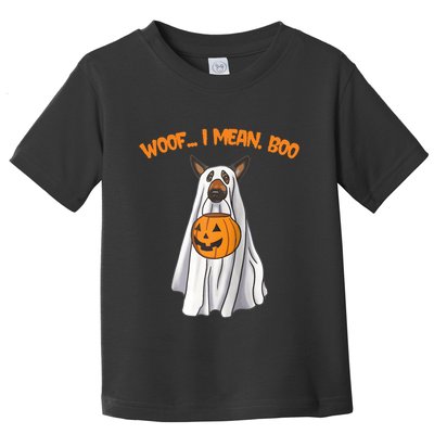 Woof I Mean Boo German Shepherd Dog Ghost Funny Halloween Raglan Baseball Tee Toddler T-Shirt
