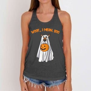 Woof I Mean Boo German Shepherd Dog Ghost Funny Halloween Raglan Baseball Tee Women's Knotted Racerback Tank