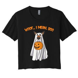 Woof I Mean Boo German Shepherd Dog Ghost Funny Halloween Raglan Baseball Tee Women's Crop Top Tee