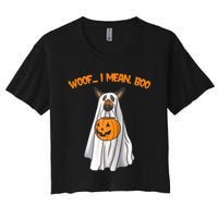 Woof I Mean Boo German Shepherd Dog Ghost Funny Halloween Raglan Baseball Tee Women's Crop Top Tee