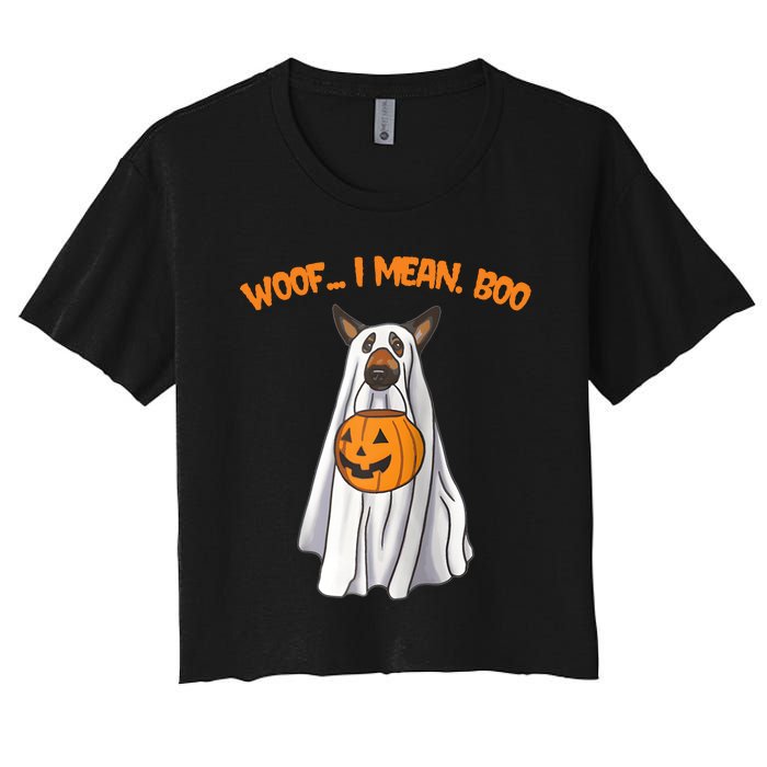 Woof I Mean Boo German Shepherd Dog Ghost Funny Halloween Raglan Baseball Tee Women's Crop Top Tee