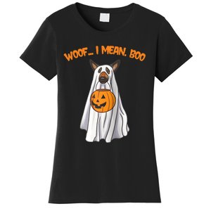 Woof I Mean Boo German Shepherd Dog Ghost Funny Halloween Raglan Baseball Tee Women's T-Shirt