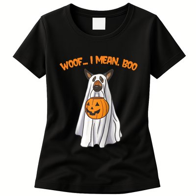 Woof I Mean Boo German Shepherd Dog Ghost Funny Halloween Raglan Baseball Tee Womens T-Shirt