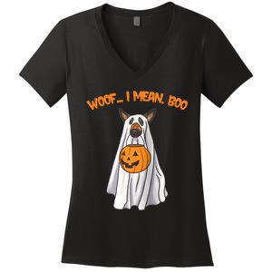 Woof I Mean Boo German Shepherd Dog Ghost Funny Halloween Raglan Baseball Tee Women's V-Neck T-Shirt