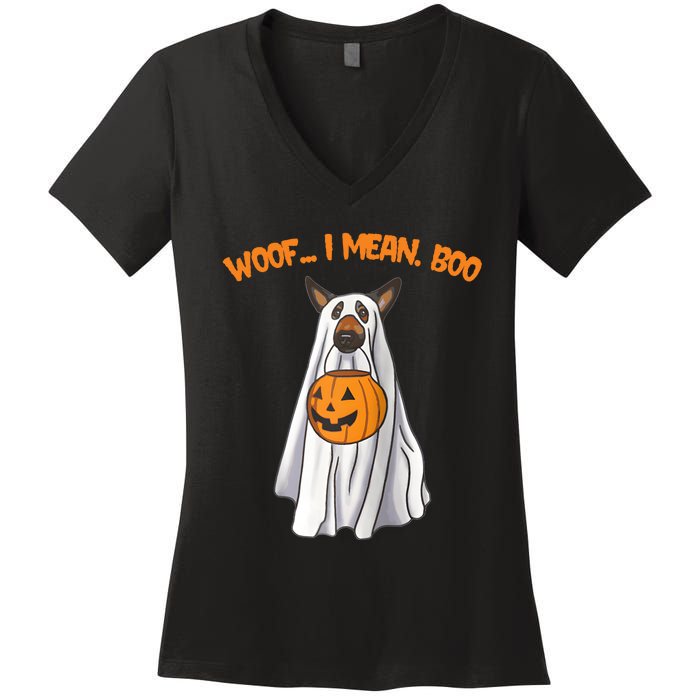 Woof I Mean Boo German Shepherd Dog Ghost Funny Halloween Raglan Baseball Tee Women's V-Neck T-Shirt