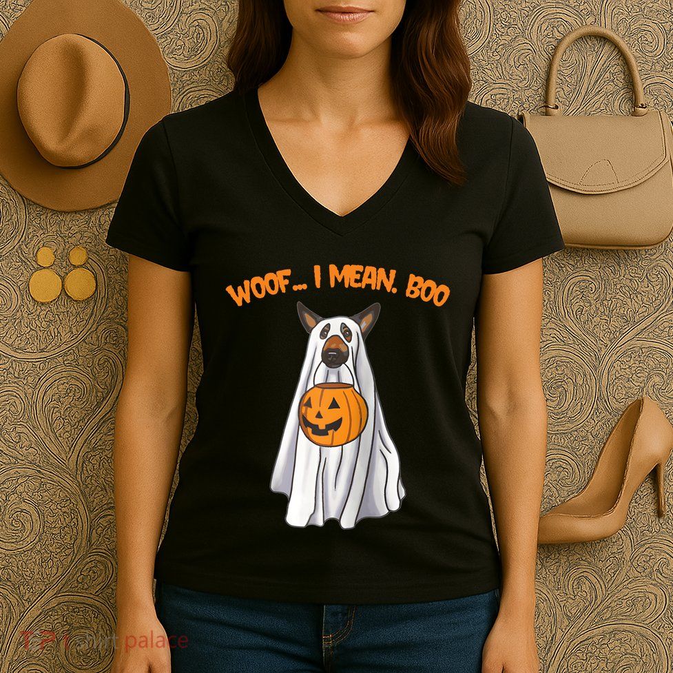 Woof I Mean Boo German Shepherd Dog Ghost Funny Halloween Raglan Baseball Tee Women's V-Neck T-Shirt