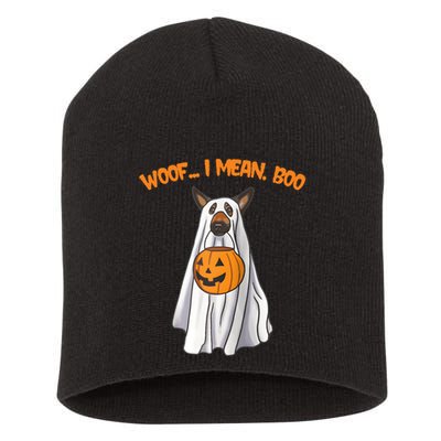 Woof I Mean Boo German Shepherd Dog Ghost Funny Halloween Raglan Baseball Tee Short Acrylic Beanie