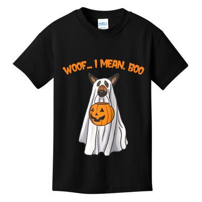 Woof I Mean Boo German Shepherd Dog Ghost Funny Halloween Raglan Baseball Tee Kids T-Shirt