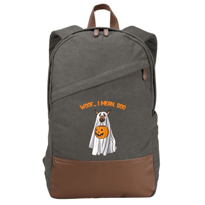 Woof I Mean Boo German Shepherd Dog Ghost Funny Halloween Raglan Baseball Tee Cotton Canvas Backpack
