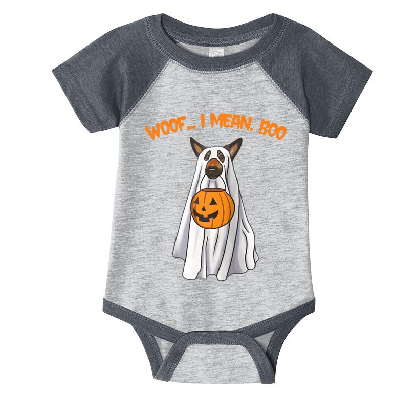 Woof I Mean Boo German Shepherd Dog Ghost Funny Halloween Raglan Baseball Tee Infant Baby Jersey Bodysuit