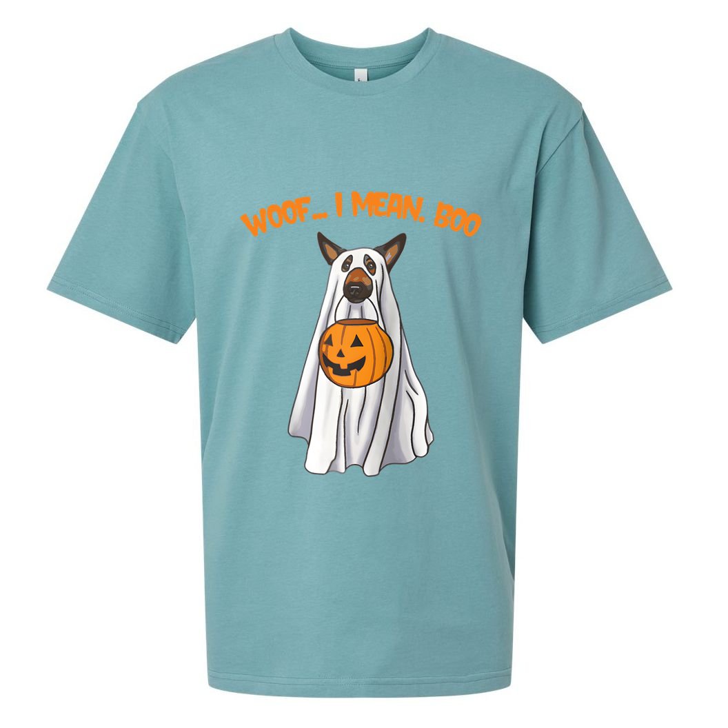 Woof I Mean Boo German Shepherd Dog Ghost Funny Halloween Raglan Baseball Tee Sueded Cloud Jersey T-Shirt