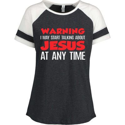 Warning I May Start Talking About Jesus Enza Ladies Jersey Colorblock Tee