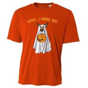 Woof I Mean Boo German Shepherd Dog Ghost Funny Halloween Raglan Baseball Cooling Performance Crew T-Shirt