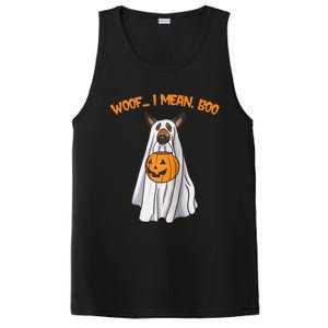 Woof I Mean Boo German Shepherd Dog Ghost Funny Halloween Raglan Baseball PosiCharge Competitor Tank