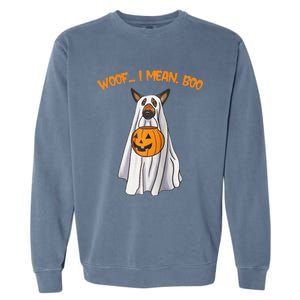 Woof I Mean Boo German Shepherd Dog Ghost Funny Halloween Raglan Baseball Garment-Dyed Sweatshirt