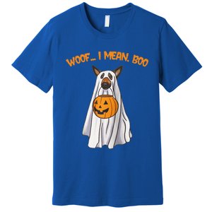 Woof I Mean Boo German Shepherd Dog Ghost Funny Halloween Raglan Baseball Premium T-Shirt