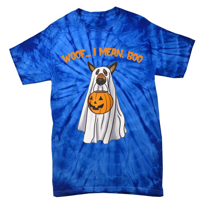 Woof I Mean Boo German Shepherd Dog Ghost Funny Halloween Raglan Baseball Tie-Dye T-Shirt