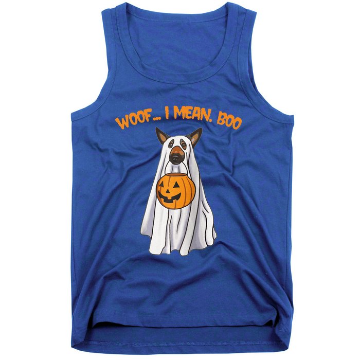 Woof I Mean Boo German Shepherd Dog Ghost Funny Halloween Raglan Baseball Tank Top