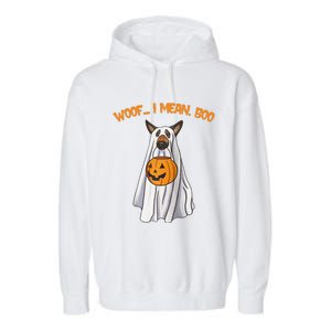 Woof I Mean Boo German Shepherd Dog Ghost Funny Halloween Raglan Baseball Garment-Dyed Fleece Hoodie