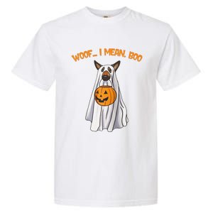 Woof I Mean Boo German Shepherd Dog Ghost Funny Halloween Raglan Baseball Garment-Dyed Heavyweight T-Shirt