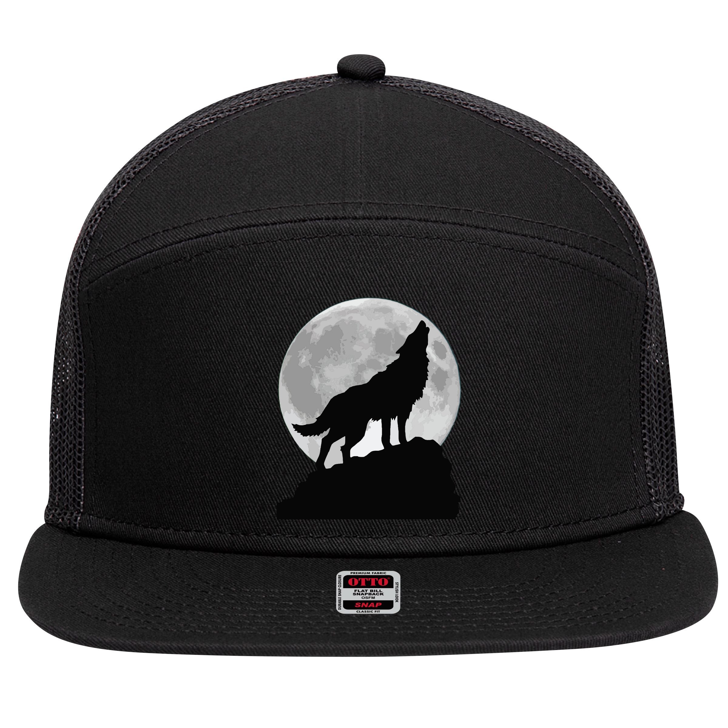 Wolf In Moon Light Cool Full Dog Pup Howling Tee 7 Panel Mesh Trucker Snapback Hat