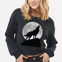 Wolf In Moon Light Cool Full Dog Pup Howling Tee Cropped Pullover Crew