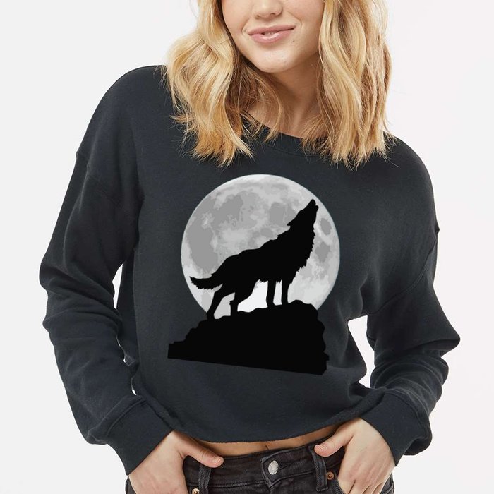 Wolf In Moon Light Cool Full Dog Pup Howling Tee Cropped Pullover Crew
