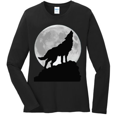 Wolf In Moon Light Cool Full Dog Pup Howling Tee Ladies Long Sleeve Shirt