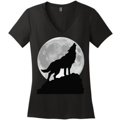 Wolf In Moon Light Cool Full Dog Pup Howling Tee Women's V-Neck T-Shirt