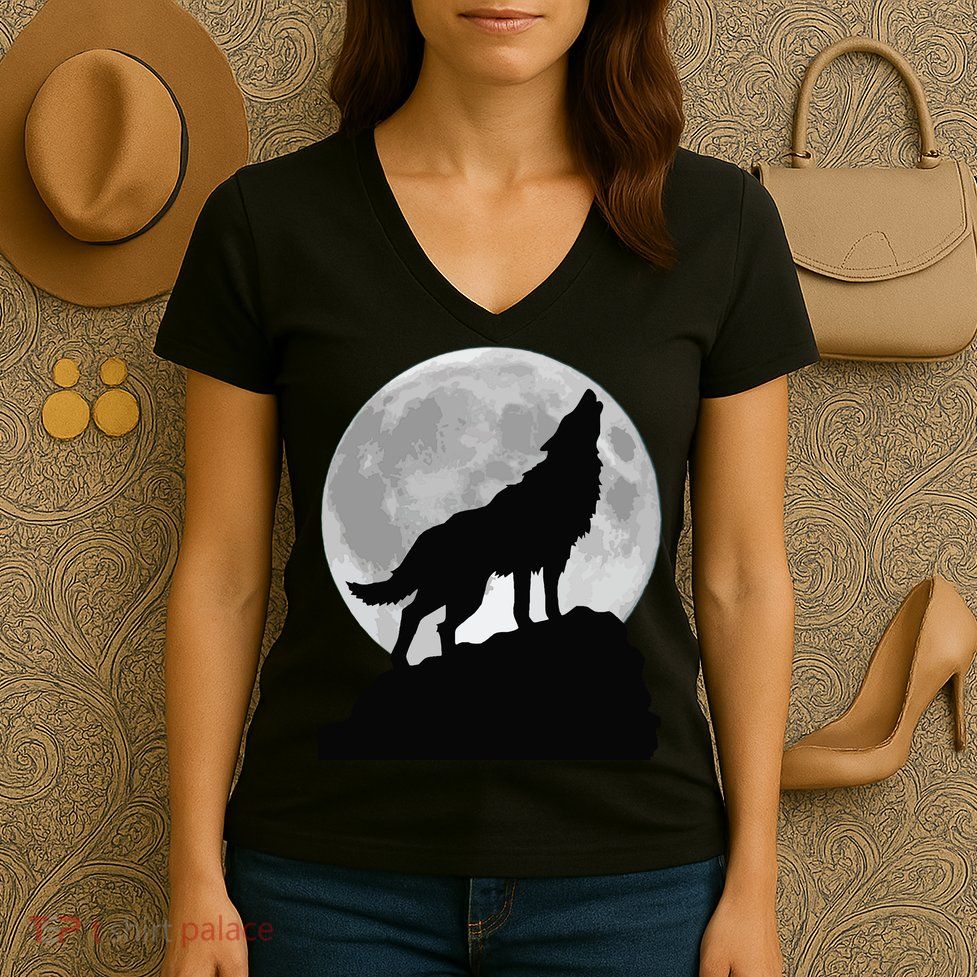 Wolf In Moon Light Cool Full Dog Pup Howling Tee Women's V-Neck T-Shirt