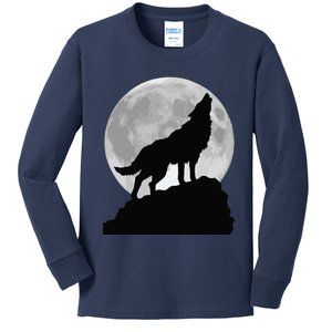 Wolf In Moon Light Cool Full Dog Pup Howling Tee Kids Long Sleeve Shirt