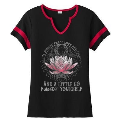 Womens I'm Mostly Peace Love And Light & Little Go F Yourself Lotus Ladies Halftime Notch Neck Tee