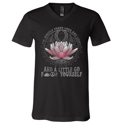 Womens I'm Mostly Peace Love And Light & Little Go F Yourself Lotus V-Neck T-Shirt