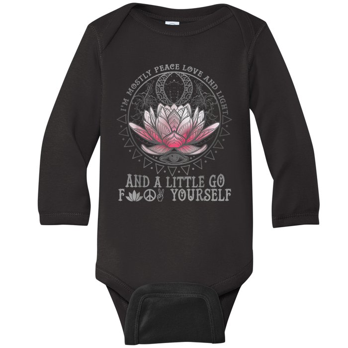 Womens I'm Mostly Peace Love And Light & Little Go F Yourself Lotus Baby Long Sleeve Bodysuit