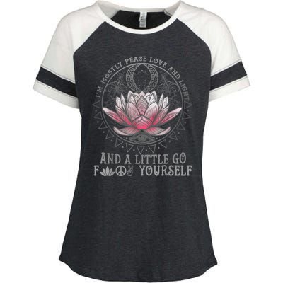 Womens I'm Mostly Peace Love And Light & Little Go F Yourself Lotus Enza Ladies Jersey Colorblock Tee