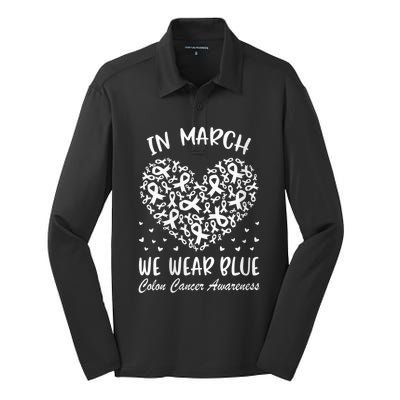 Wo In March We Wear Blue For Colon Cancer Awareness Heart Silk Touch Performance Long Sleeve Polo