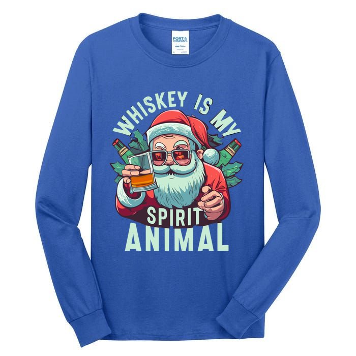 Whiskey Is My Spirit Animal Funny Santa Ing Christmas Funny Gift Tall Long Sleeve T-Shirt