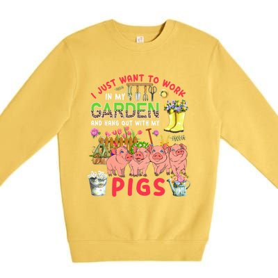 Work In My Garden And Hang Out With Pigs Three Pigs Floral Gift Premium Crewneck Sweatshirt