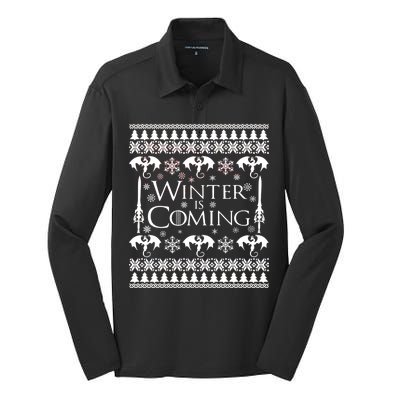 Winter is Coming Ugly Christmas Sweater Design Silk Touch Performance Long Sleeve Polo