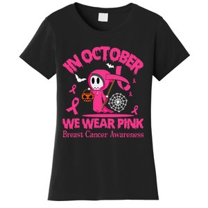 Women In October We Wear Pin.K Ghost Skull Breast Cancer Women's T-Shirt