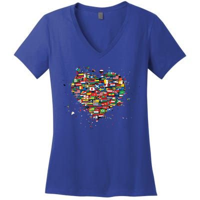 World International People Hu Flags Heart Countries Gift Women's V-Neck T-Shirt