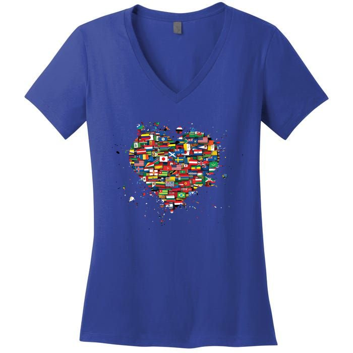 World International People Hu Flags Heart Countries Gift Women's V-Neck T-Shirt