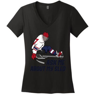 Wheelchair Ice Sled Hockey Handicap Sport Disabled Player Women's V-Neck T-Shirt