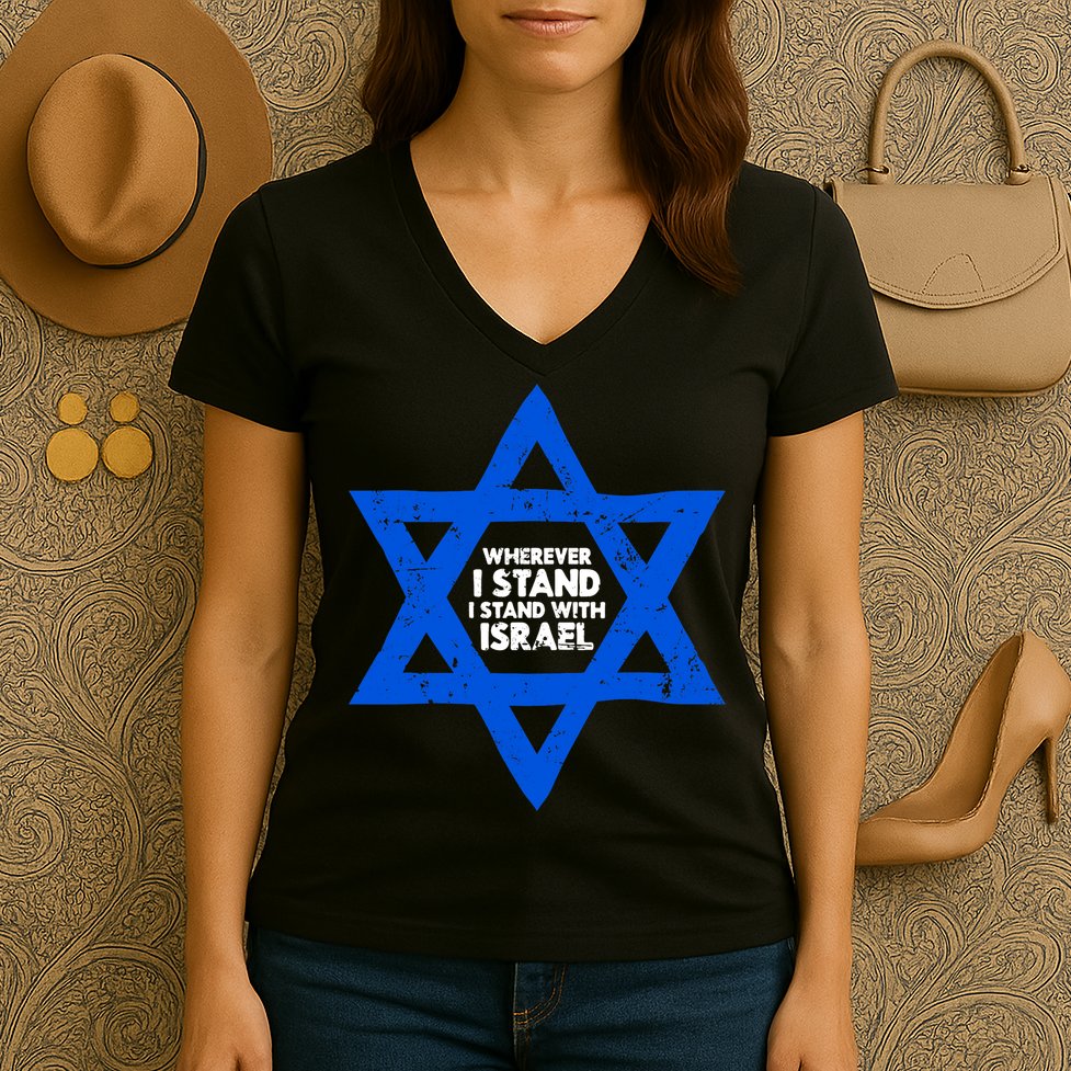 Wherever I Stand I Stand With Israel Jewish Distressed Women's V-Neck T-Shirt