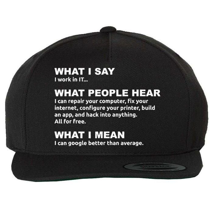 What I say what people hear IT tech support nerd Wool Snapback Cap
