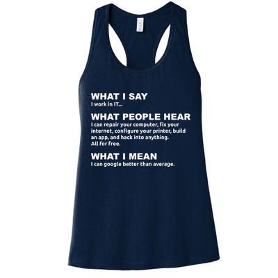 What I say what people hear IT tech support nerd Women's Racerback Tank